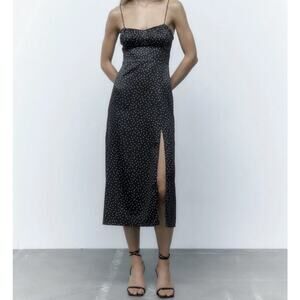 Zara Black Polka Dot Satin Midi Slip Dress Size Medium NEW Strappy Glam